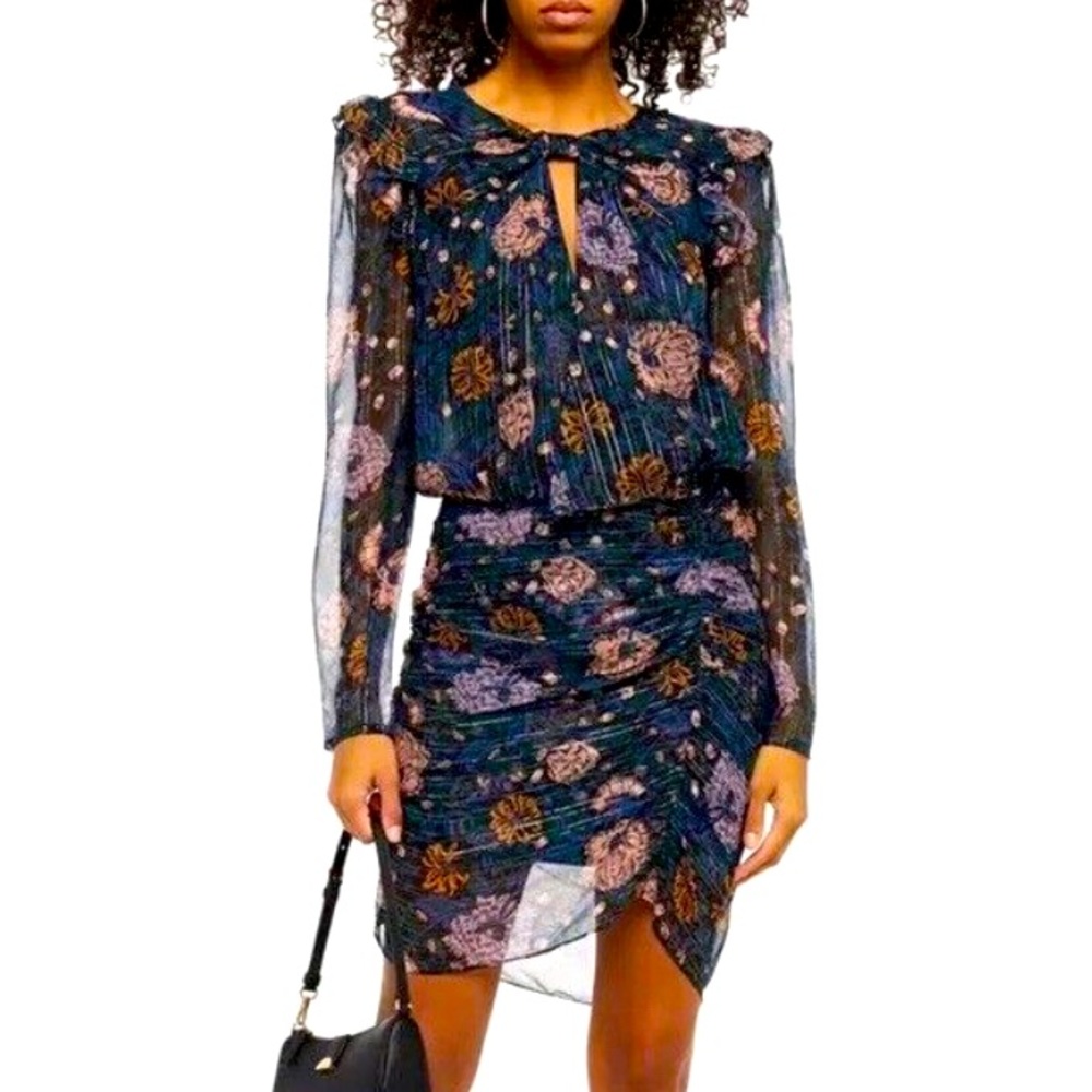 NWT VERONICA BEARD US 12 Peppa Floral Metallic Black Silk Chiffon Mini Dress